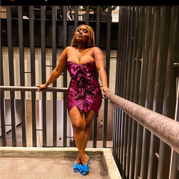 House of CB GLAM Caterina Metallic Pink Ruched Ruffle Dress Bow GIRLS NIGHT OUT - Picture 3 of 4